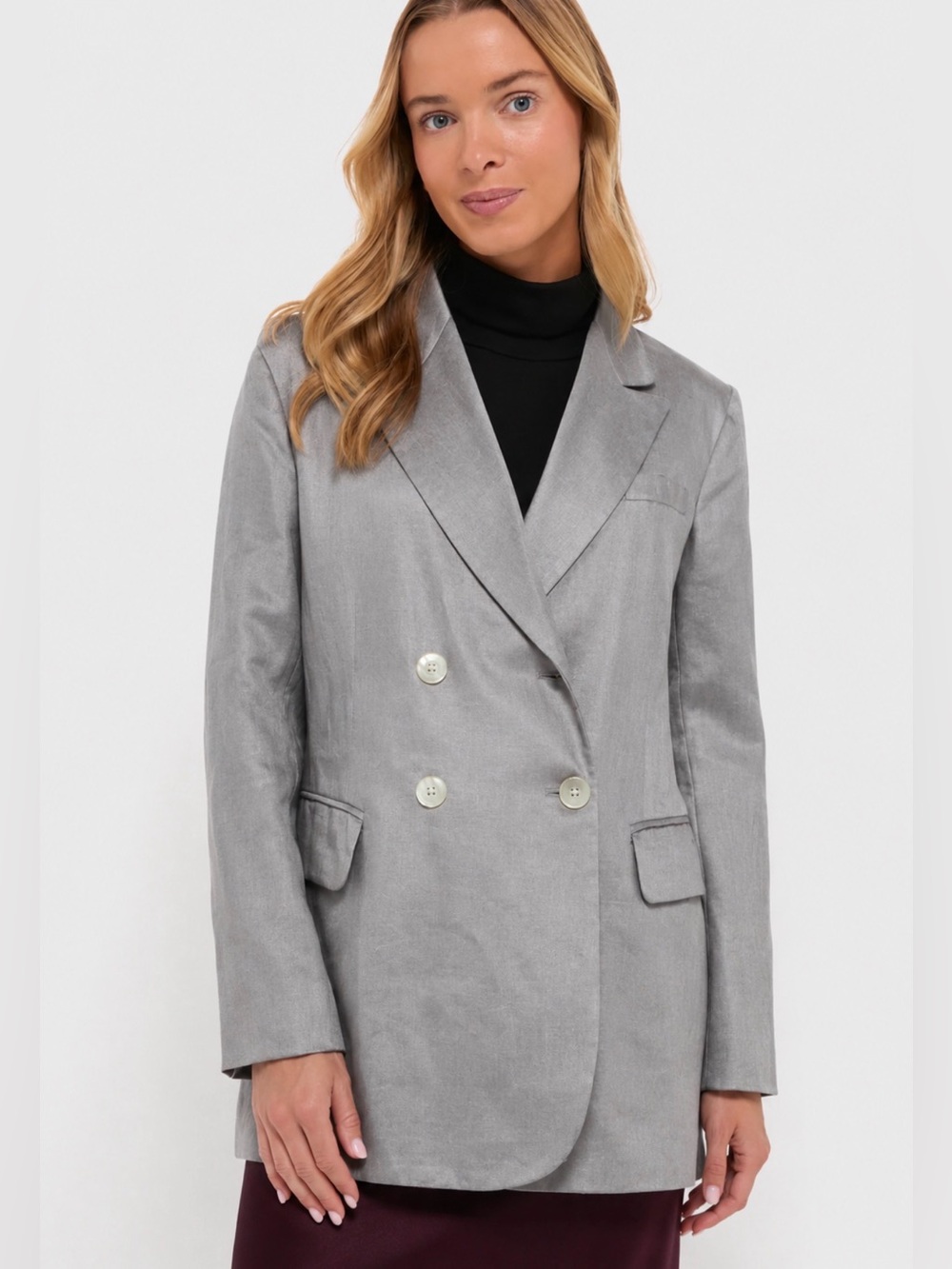 Laurel Linen Blend Double Breasted Gray Fitted Blazer Jacket Size 8 Quiet Luxury
